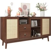 Merax Sideboard Skandi mit 3 Schiebetüren und 2 Schubladen (155 L x 38 B x 80 H, Brise), Rattan geflecht Kommode, Anrichte, Schrank mit Holzfüßen, Breit:155cm