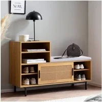 FINEBUY Schuhbank FB100058 Garderobe mit Sitzbank 120 cm Wiener Geflecht Schuhregal (mit Sitzfläche Garderobenbank 120x75,5x40 cm Eiche), Sitzbank Schmal Flur mit Stauraum, Flurbank