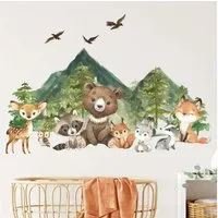 Montegoni Wandsticker Kinder Tier Wandaufkleber Dekoration (lächelndes Gesicht Bär, Hirsch, Fuchs,Baum, Bergtier Wandaufkleber), Wandtattoo mit Waldtieren für Schlafzimmer,Kinderzimmer