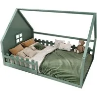 Flieks Massivholzbett, Kinderbett Hausbett Doppelbett 140x200cm mit Lattenrost und Zaun