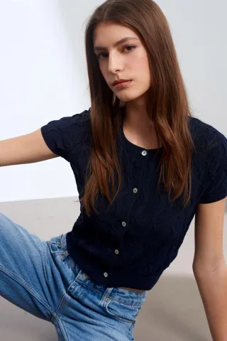 Damen Kurzjäckchen mit Jacquard-Muster und Knöpfen