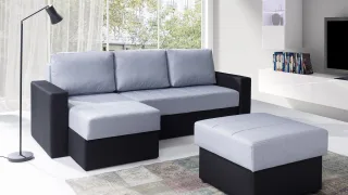 Ecksofa Schlafsofa LABRI inkl.Hocker Schwarz/ Hellgrau Ottomane Links