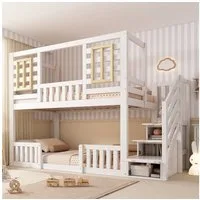 REDOM Hochbett Inklusive Lattenroste, mit Holzfenstern (Packung, 1-St., Etagenbett 90x200 cm, Weiß, 2 Liegeflächen) Praktischer Treppenschrank für Stauraum(ohne Matratze)