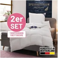 SPESSARTTRAUM Gänsedaunenbettdecke + Kopfkissen Premium******, Füllung: Bettdecke: 100% Gänsedaunen, Klasse 1, Downpass zertifiziert, Bezug: 100% Baumwolle, Made in Green, Hausstauballergiker geeignet, Sparset: 4 Wärmeklassen, 135x200 cm & 155x220 cm