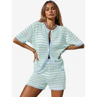 Imily Bela Hausanzug Damen Häkel 2-teiliger Set (Set, 2 tlg., Strick-Shirt + Shorts) gestreiftes