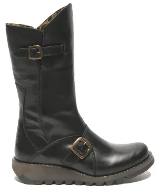 Fly London Damen MES 2 Plateaustiefel mit Keilabsatz, Schnalle, halbhohem Schaft, Reißverschluss, Schwarz