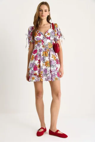 Bedrucktes V-Ausschnitt Cut-Out Midi-Kleid