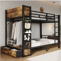 i@home Etagenbett Metall-Etagenbett 120x200 cm mit Stauraum,Hochbett,Jugendbett,Schwarz, mit Treppe und Rausfallschutz Bunk Bed mit Garderobenständer,Stockbett