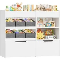 HOMECHO Kinderregal, mit 6 Boxen auf Rollen, Regal Kinderzimmer, Weiß, 108.6x88.5x30cm