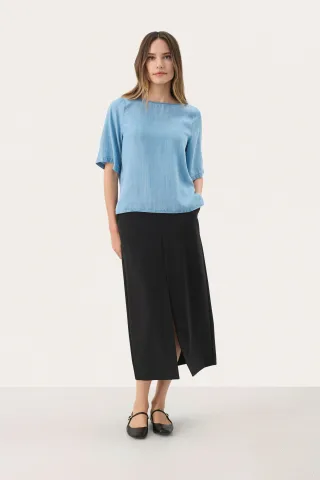 Kurzarm-Bluse Lockere Passform Light Blue Denim