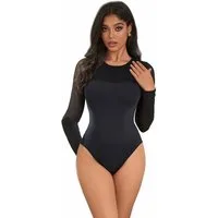 Lau-Fashion Body Long Sleeve Unterwäsche Transparent Stoff Schwarz Rundhals Langarm