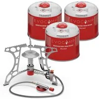 EVOCAMP Gaskocher Mini 3.2 kW mit Piezo-Zünder, ideal für Outdoor, Camping Stove, (ideal für Camping, Angeln und Outdoor), + 3 Gaskartuschen 500g
