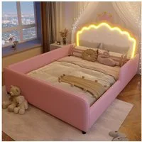 Merax Polsterbett mit LED-Beleuchtung, Prinzessinnenbett mit Kronen-Kopfteil (1-tlg), Kinderbett 140x190cm mit Sicherheitsgitter, Jugendbett aus Kunstleder