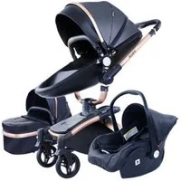 TPFFamily Kombi-Kinderwagen Babyschale Baby, Buggy Babywanne Kinderwagen 3 in 1 inkl. Stauraum Kunstleder Schwarz