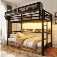 Flieks Etagenbett, Metallbett 90x200cm mit Schubladen LED-Beleuchtung Aufbewahrungskorb