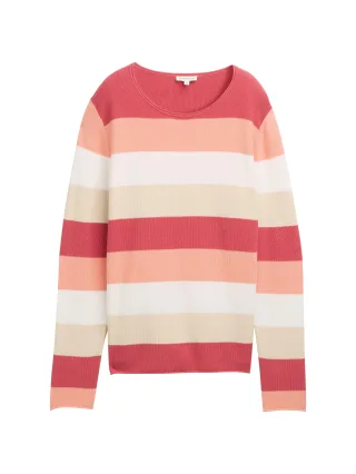 Tom Tailor - Strickpullover mit Rundhalsausschnitt red apricot block stripe - Gr. - L