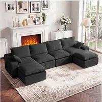 Vipbear Wohnlandschaft Modulares Cordsofa mit Hocker, U-Form Schlafsofa, 1 Teile, Frei Kombinierbar, Grau