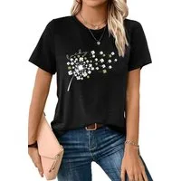 PYLIKE Kurzarmbluse Bequemes Shirt Damen Kurzarm Basic-Shirt mit Löwenzahn Print Bequem für Freizeit und Büro,Strandurlaub