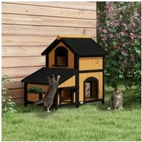 PawHut Tierhöhle Katzenhaus aus Holz, Katzenhütte mit mehreren Eingängen, 2 Etagen, mit Asphaltadach, Blumenkasten, für Katzen bis 7 kg, Gelb