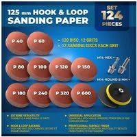 S&R Schleifpapier Professional Schleifpapier 125 mm Klett Set 124-tlg, (124 St), 10 Körnungen P40–P600, mit 2x Schleifteller, 2x M14 zu Hex/Rundschaft