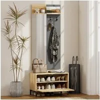 HOMCOM Garderoben-Set mit Spiegel, Haken, Schuhbank, Ablage, Klappschublade, (Garderobenständer, 2-St., Garderobenset), für den Flur, 60 x 13,5 x 127,5 cm, Naturholz
