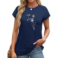 PYLIKE Rundhalsshirt Bequemes T-Shirt Damen Kappenärmel Sommer Basic-Shirt mit Stern Print Modische Outfits Business Strand Urlaub Blusen Kleidung