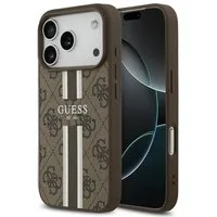 Guess Handyhülle Case iPhone 17 Pro MagSafe Kunstleder braun Logo Streifen 6,3 Zoll, Kantenschutz