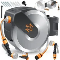 KESSER Gartenschlauch Wasserschlauchtrommel 180° schwenkbar & automatische Aufrollung, (Inklusive ergonomischer 7-Funktionen-Power-Handbrause), Schlauchtrommel mit Gartenschlauch zur Wandmontage Wand-Schlauchbox