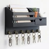 BlingBin Schlüsselbrett Schlüsselablage mit 6 Haken und Aufbewahrungsschublade, Wandregal, (1er Set, 1 St., Produktabmessungen: 18 x 10 x 30 cm), Wand Schlüsselhaken für Eingang Wohnzimmer Flur Büro, Schwarz