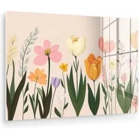 MuchoWow Acrylglasbild Pastelltöne - Blumen - Illustration, Inkl. Aufhängung, Glasbilder Wohnzimmer, Schlafzimmer, Flur & Esszimmer, 30x20 cm