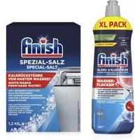 FINISH Klarspüler (800ml) & Spezial Salz (1,2 kg) Klarspüler (Spülmaschinenpflege-Set, [2-St. gegen Kalk & Flecken)