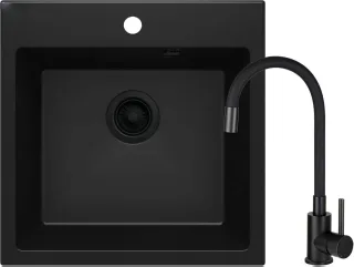 Neuesbad Set: Granitspüle ZQJ N103+Küchenarmatur mit Flex-Auslauf BOC N72M +Schwarz Zubehör, Schwarz NB1DEZQJNN1031