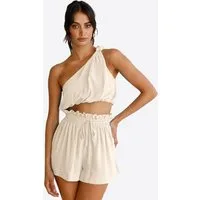 Imily Bela Hausanzug Damen 2-teiliges Sommer Set (Set, 2 tlg., One-Shoulder Crop Top + Shorts) One-Shoulder