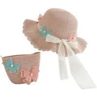 Zaewry Sonnenhut Kinder Strand Sonnenhut, Strand Sonnenhut aus Stroh und Strandtasche Geeignet für Reisen, Urlaub und Strandaktivitäten