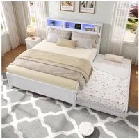 MODFU Holzbett Spleißbett mit Umgebungslichtstreifen (mit Ausziehbett, LED-Umgebungslicht, Ladebuchse, Kopfteil-Aufbewahrung, 120x200 cm & 90x190 cm, Kinderzimmer, Gästezimmer), ohne Matratze