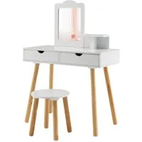 COSTWAY Schminktisch 2 in 1 Kinder Schreibtisch mit Hocker, aus Holz