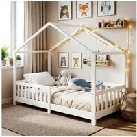 oyajia Kinderbett 90x200 cm Bodenbett Rausfallschutz abnehmbar bis 200 kg belastbar (Montessori Kinder- & Jugendbett aus Kiefer Massivholz), Bodenbett Hausbett mit Roll-Lattenrost