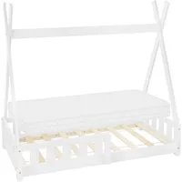 ML-DESIGN Spielbett Hausbett Tipi Zeltbett inkl. Lattenrost Bodenbett Kinder Himmelbett, Abenteuerbett mit Rausfallschutz Zelt Bett Kiefer Weiß Kinderhaus