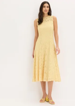 bonprix Spitzenkleid in Midi-Länge, gelb, Gr.44, Modern und feminin: Midikleid aus glänzender Spitze mit ausgestelltem Rock
