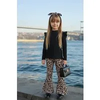 Parla Kids Shirt & Hose Schwarzes langarm Oberteil, Schlaghose und Haarband im Leopardenmuster