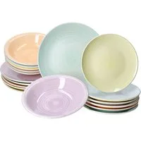 MamboCat Teller-Set 18tlg Tellerset Pastello 6 Pers. Essteller Kuchenteller bunt Teller, Steingut