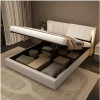 Flieks Polsterbett, LED Stauraumbett Doppelbett mit USB/ Verstellbarem Kopfteil 140x200cm