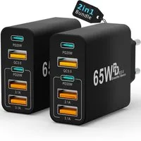 GreenHec Schnellladegerät USB C Ladegerät 65w Fast Charger Adapter 2x Schnelllade-Gerät (50 mA, Spar-Set, 65w Penta Charger 2er Pack, für Apple iPhone, Samsung, Xiaomi, Google Mehrfach Multi Netzteil)