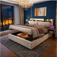 PXloue Stauraumbett Polsterbett Doppelbett (Kopfteil mit verstecktem Stauraum und Ladefunktion), mit RGB-LED-Beleuchtung und Stauraum - 160x200 cm