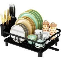 Refined Living Geschirrständer Geschirrabtropfgestell mit Abtropfmatte, Platzsparend Geschirrständer, Zubehör für Teller Abtropfständer, Multifunktionales Abtropfgestell-Set, Ablage für Küchenspüle, mit 360° Abfluss abnehmbarem und Messerfächern, Ges