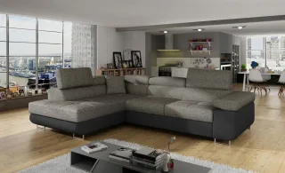 Ecksofa Schlafsofa SARRA Stoff Soft- Berlin Schwarz-Grau Ottomane Links