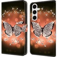 CLM-Tech Handytasche für Samsung Galaxy A16 / A17 5G Hülle aus Kunstleder Klapphülle (Schmetterling Diamanten Muster, Handyhülle mit Standfunktion - Wallet Flip Case inklusive Kartenfächer), Cover mit Magnetverschluss