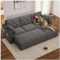 Merax Ecksofa 3 Sitzer Ecksofa Mit Stauraum, Sofa Mit Chaise Longue Und Hocker, 1 Teile, Couch Mit Magazintaschen, Wechselbare Ottomane, Samt Soffa