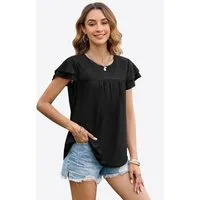 Imily Bela T-Shirt Damen mit Lochspitze und Rüschenärmeln Rundhals Sommer Alltag (Packung, 1-tlg., 1per-Pack) mit Rundhalsausschnitt in Unifarbe Durchbrochene Rüschen