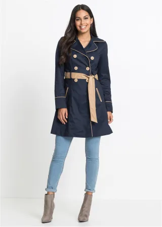 bonprix Trenchcoat in A-Linie, blau, Gr.48, Modischer Trenchcoat mit zeitlosen Farbkontrasten, 82% Polyester